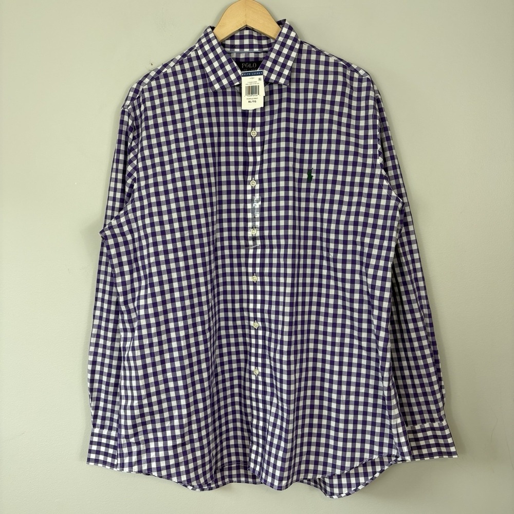 Polo Ralph Lauren Dress Shirt Mens XL Gingham Purple White Non Iron NWT